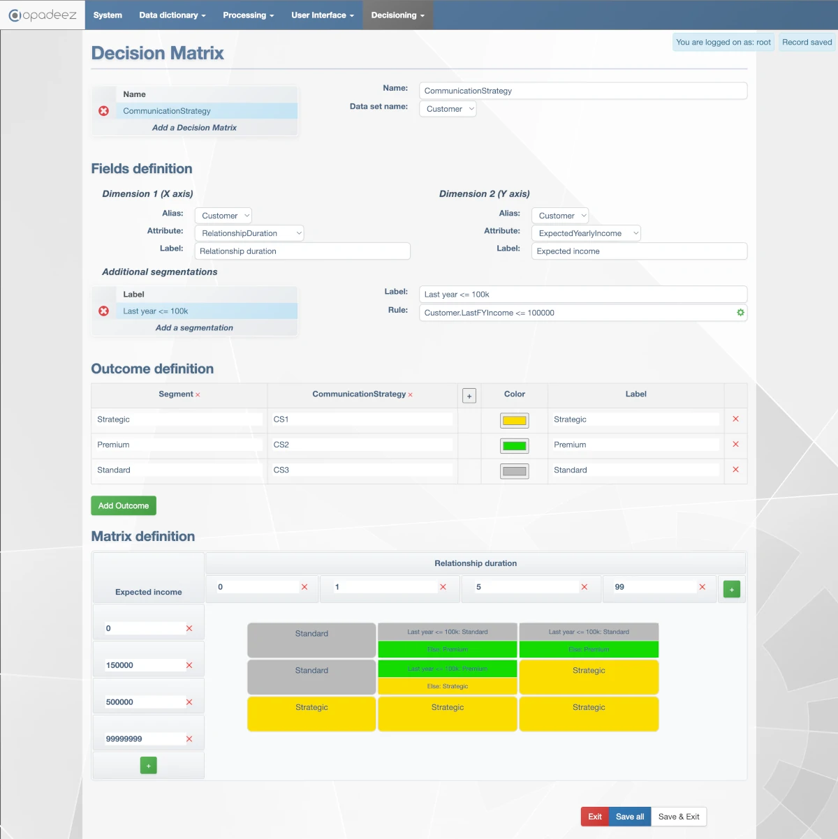 Decision Matrix Configuration