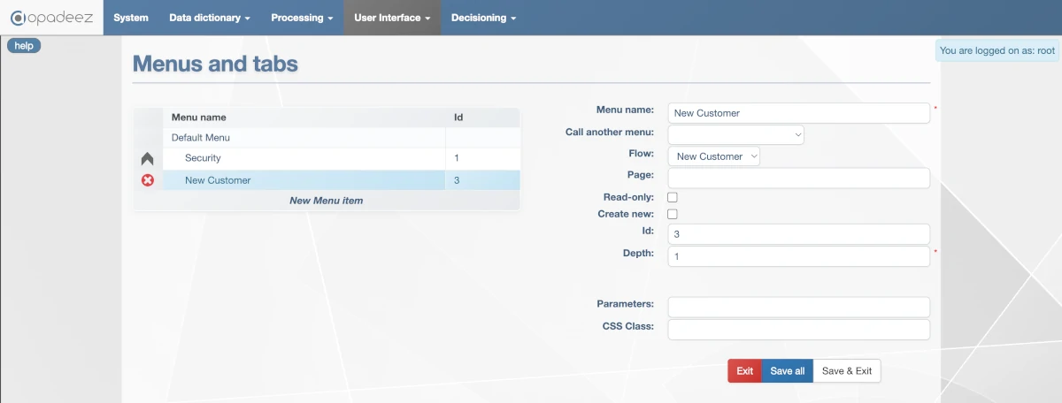New Customer Menu Configuration