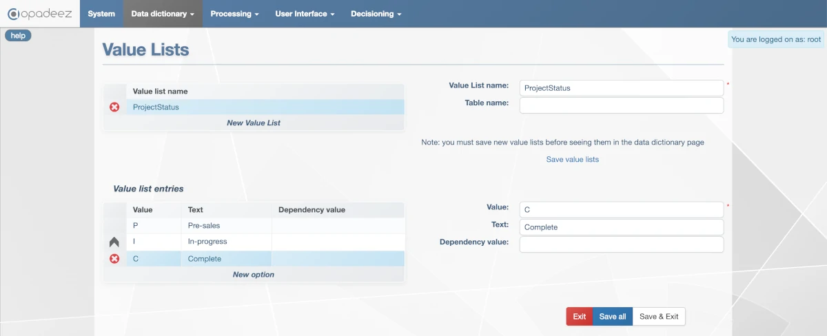 Project Status Value List Configuration