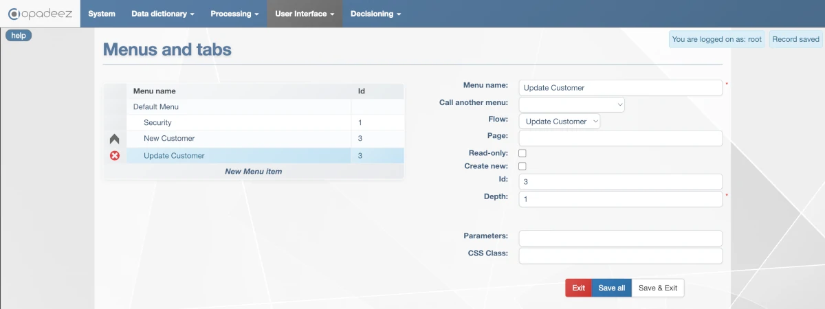 Update Customer Menu Configuration